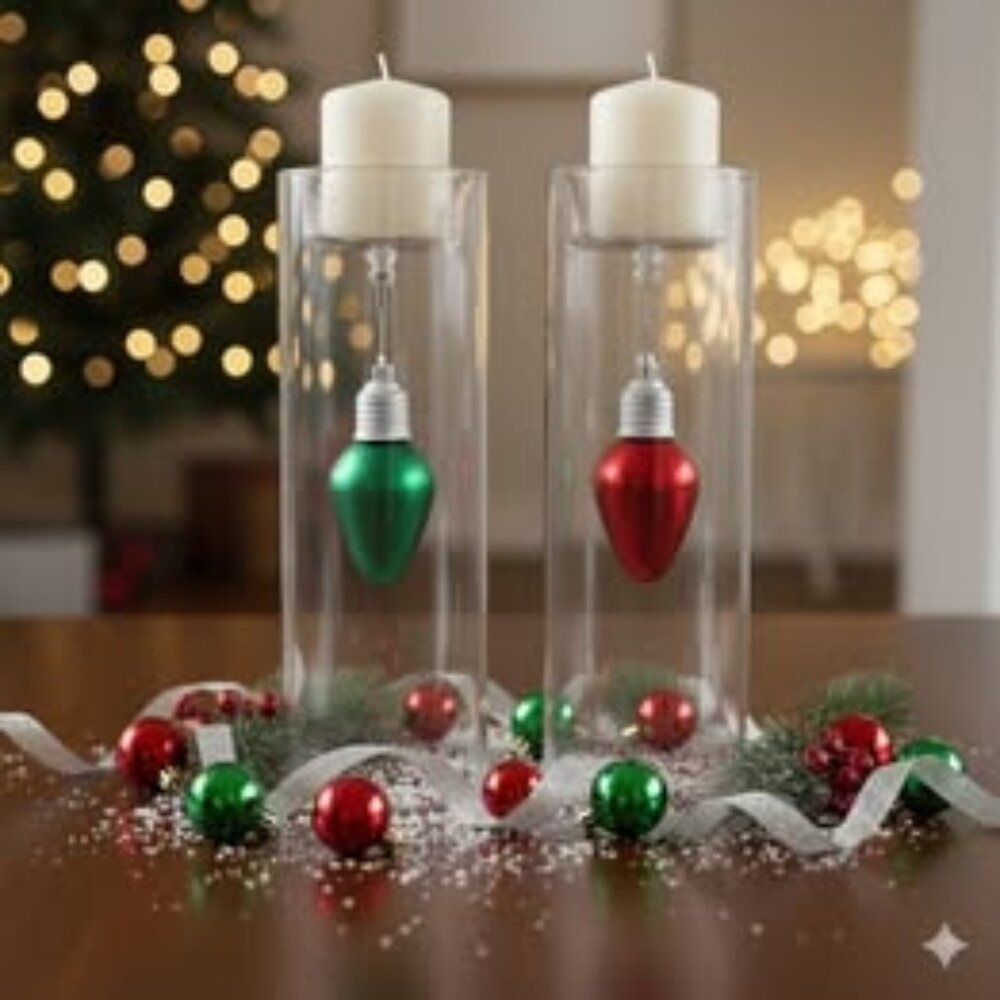 Set of Two Christmas Holiday Tall Fine Glass Candle Holders Pre-Owned